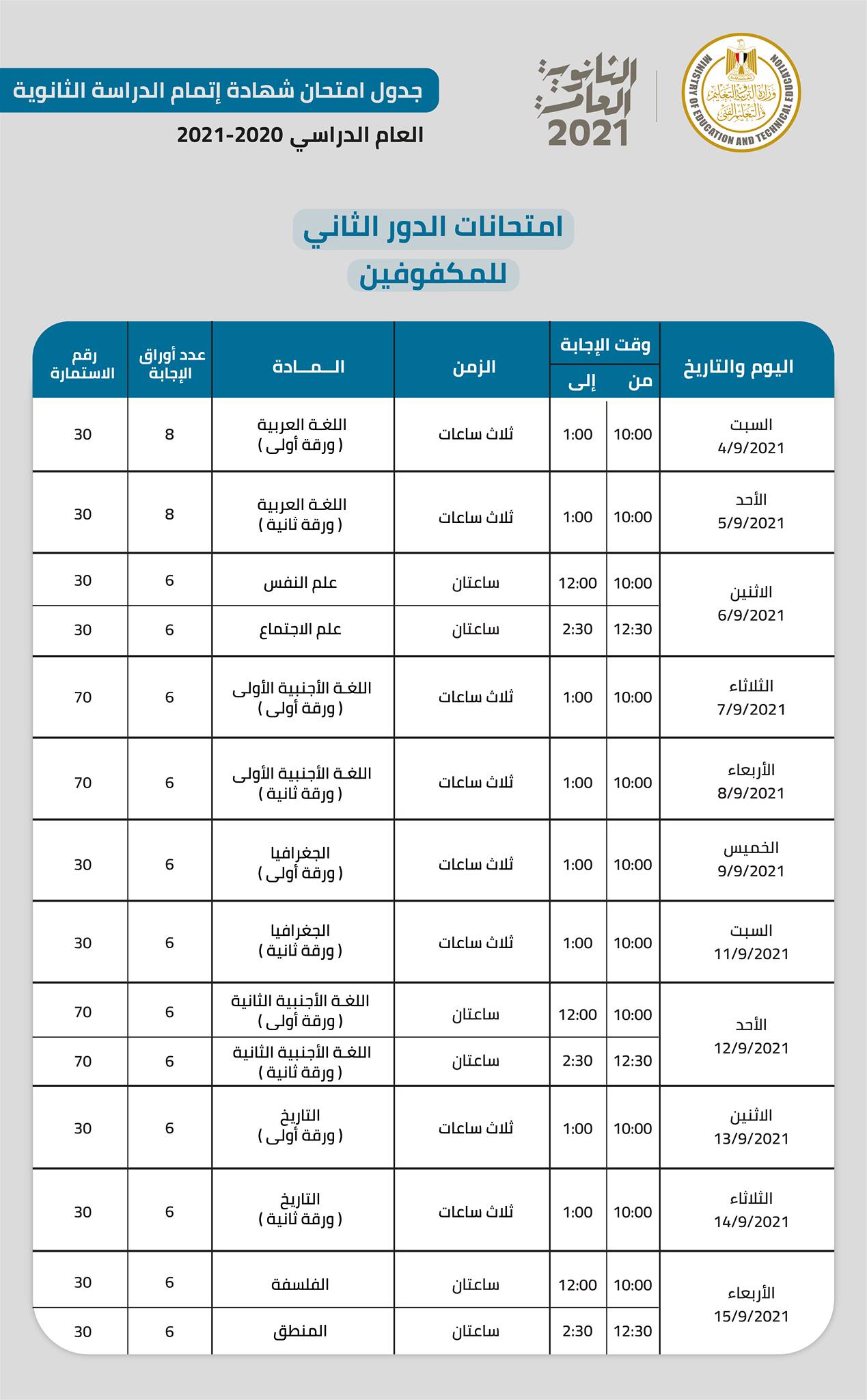  جدول امتحانات الثانوية العامة الدور الثاني للمكفوفين للعام الدراسي ٢٠٢٠-٢٠٢١