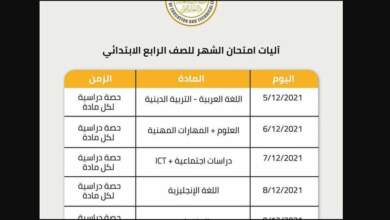 جدول امتحان الصف الرابع الابتدائى