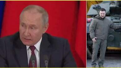 رئيس وزراء بريطانيا والرئيس الأوكرانى وفى اليسار بوتين