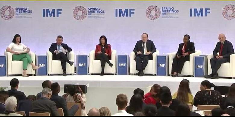 د. رانيا المشاط وزيرة التعاون الدولي خلال مشاركتها في جلسة نقاشية لصندوق النقد الدولي حول أمن الطاقة وتمويل المناخ