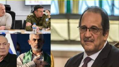 اللواء عباس كامل إلى اليمين وقادة حماس وإسرائيل