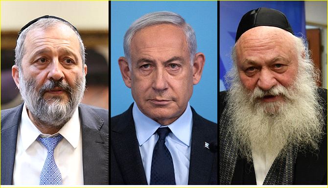 بنيامين نتنياهو، في الوسط، مع زعيمي الحزب الحريدي إسحاق جولدنوبف وأرييه درعي